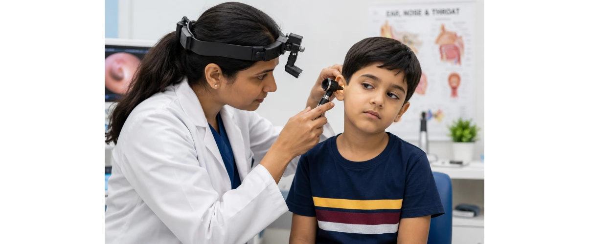 Pediatric ENT specialist examining a child's ear for signs of hearing loss in children