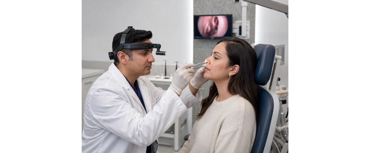 ENT doctor examining patient's nose during consultation